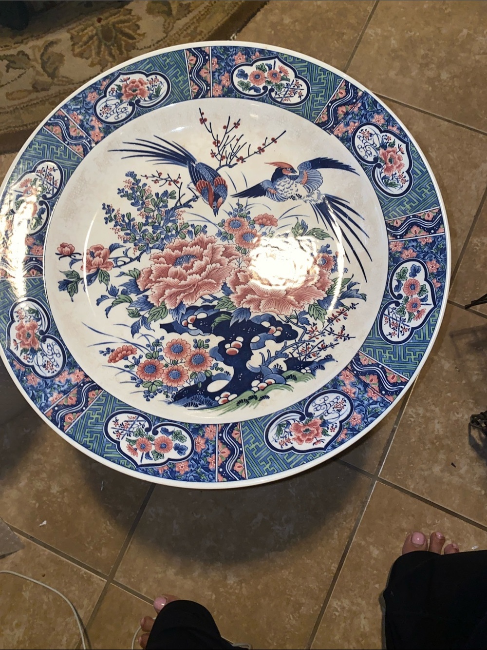 Vintage Decorative Porcelain Wall Plate with Blue and Pink Floral Bird Design